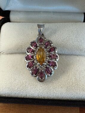 Sterling Floral Citrine & Amethyst Pendant for Necklace - Yellow & Purple